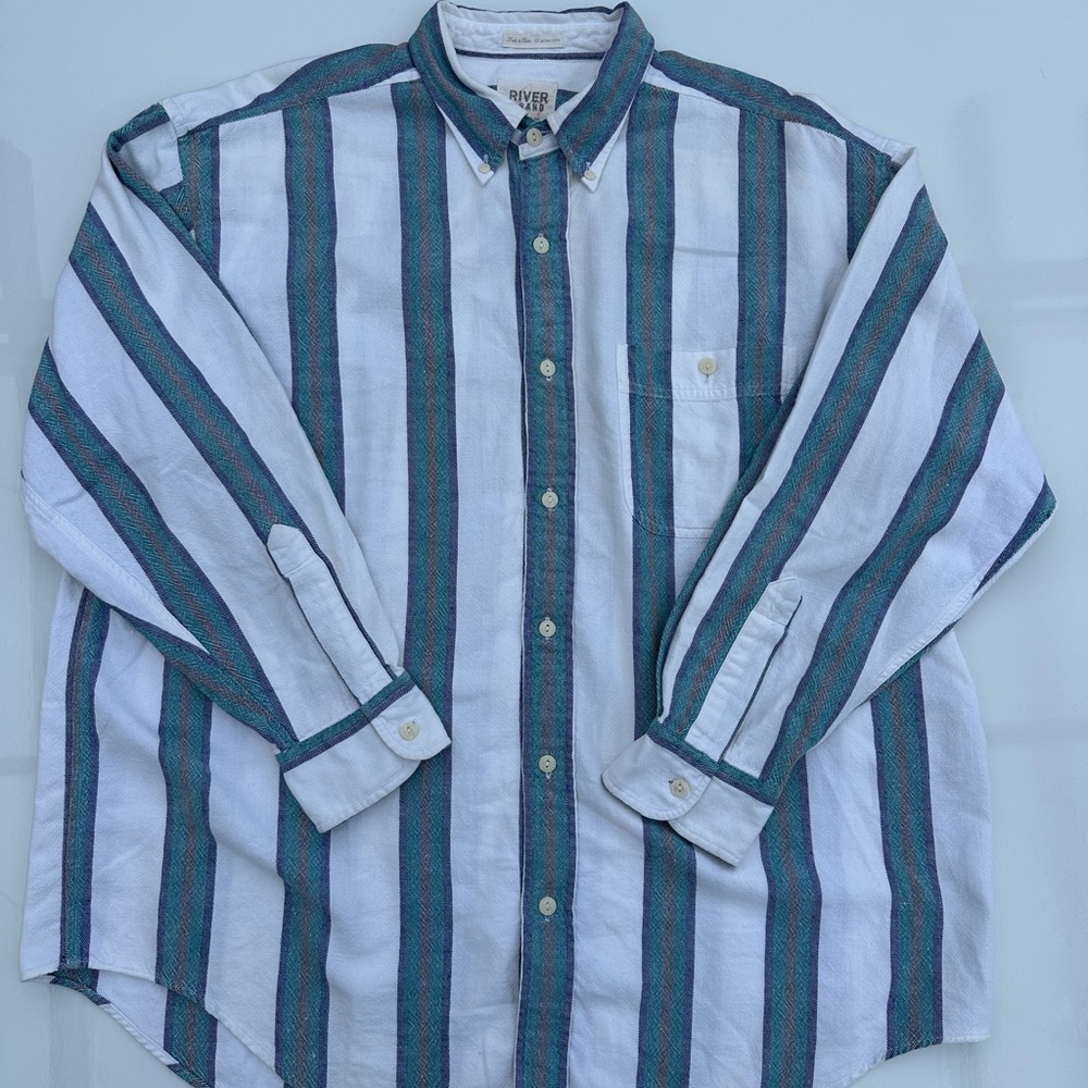 VINTAGE White & Teal Stripe Button-Down Shirt